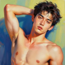 a vivid colourful painting of the most handsome young man in the world, seductive, beautiful, perfect.