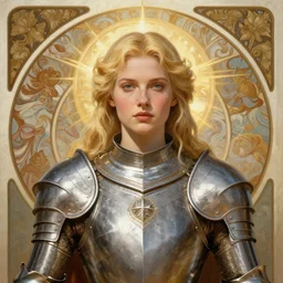 masterpiece head-on symmetrical centered painted portrait, Imogen Poots as a warrior paladin, blonde hair, saintly, glorious light, sacred, wearing full metal armour, elegant, distant, in the style of Edgar Maxence and Ross Tran and Zdzisław Beksiński and Michael Whelan and Mucha, 8k, octane render