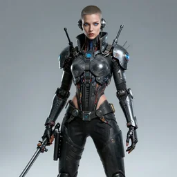 a full body beautiful woman wearing a cyberpunk outfit by hr giger, blue eyes, weapons, electronics, high tech, cyber wear, concept art, fantasy, cyberpunk