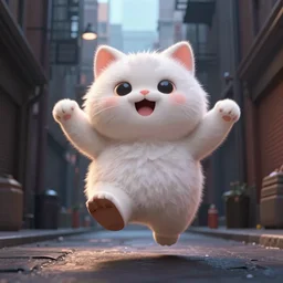 3d render of a cute flooffy fat catman jumping on a dark city alley sharp cinematic lighting octane 8k low angle shallow depth of field