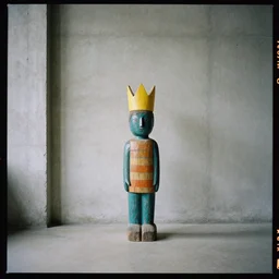 kodak portra 4 0 0, 8 k, shot of a highly detailed, britt marling style, colour still - life portrait of a large minimalistic room, rough concrete walls, the rough carved wooden statue of a teal and orange striped little man with a yellow crown on his head, muted colours