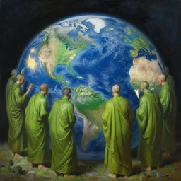 peter elson painting of a green monks invading earth highly detailed, digital painting, sharp focus,