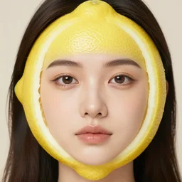 “a close up of a lemon shaped with a realistic face of a pretty woman”