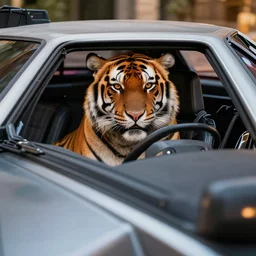 a tiger inside of a delorean,