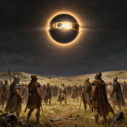 a total solar eclipse fills the sky, warriors on an ancient battlefield stop and look up as the sky goes dark. 5 0 0 bc. clear, detailed, well composed beautiful painting by michael whelan and artgerm, dramatic lighting, rich colors.