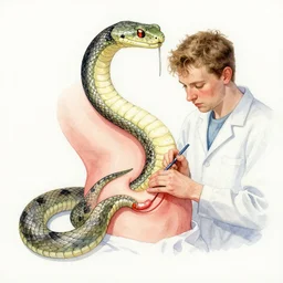 daniel brereton paints stomach ulcer surgery in watercolor with panzer - snake hybrid