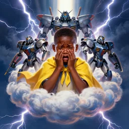 upper half portrait of a crying african boy - wearing a yellow cape - inside a group of clouds witha mecha robot army behind him - surrounded by bolts of lightning with rays of light emanating from clouds - in drew struzan movie poster style, art by drew struzan & hsiao - ron cheng, highly detailed, digital painting, ray tracing, illustration, smooth, sharp focus, intricate, symmetry, artstation,