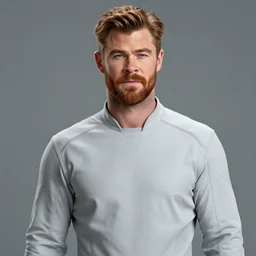 cinematic portrait of chris hemsworth with big ginger beard in light grey futuristic jumpsuit, space station at background, high detail, 8 k, sharp focus, movie still, dramatic lighting, ray tracing, smooth, lane brown, finnstark, oleg bulakh, diego fazio, mike dargas, emanuele dascanio, felix englund, michal karcz
