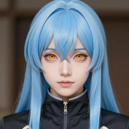 full face shot of rimuru tempest, sky blue straight hair, long bangs, with amber eyes, wearing a black jacket, high collar, ultra detailed, concept art, award winning photography, digital painting, cinematic, wlop artstation, closeup, pixiv, evil, yoshitaka amano, andy warhol, ilya kuvshinov,