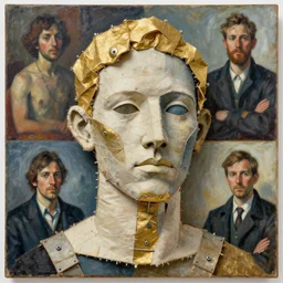 a sculpture portrait made of fabric and screws and slides and gold, painting part by wojciech siudmak, part by ilya repin, part by max ernst, part by norman rockwell, artstation