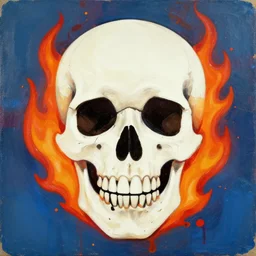 a retro minimalistic wide smiling skull with fire flame, amazing abstract painting, paint splash, simon stalenhag, artgerm