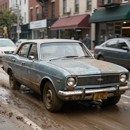 street photography by saul leiter, in a muddy new york high quality street, award winning photo of an ultra detailed dirty high quality vintage ford car speeding very fast on mud, fast shutter speed, motion blur, tiny gaussian blur, highly detailed, highly intricate, depth of field, trending on top gear