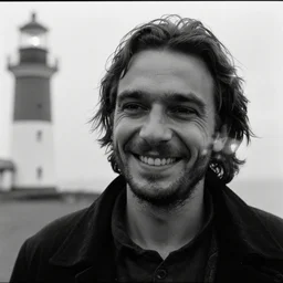 the portrait of grinning drunken man with sideburns, still frame from the lighthouse ( 2 0 1 9 ) movie by bela tarr, anamorphic lens,, black and white film, optical flares, 8 k