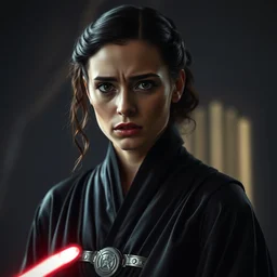 movie still of daisy ridley as sith empress wearing a black satin robe and metal belt with make up as if she was crying, sweaty, detailed eyes, neutral expression, shallow depth of field, photorealistic, cinematic lighting, lovely bokeh, dark moody light, strong rim light, movie quality, star wars