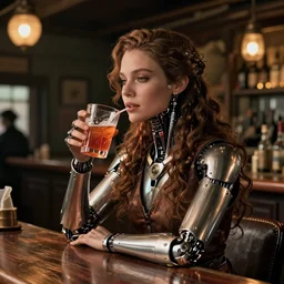 cinematography of a beautiful cyborg woman in a vintage western bar alone asking for a drink by Roger Deakins
