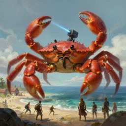 a gigantic crab, laser turret attached on crab, crab is crawling up from the ocean on a beach towards a village, dnd character art portrait, matte fantasy painting, deviantart artstation, by jason felix by steve argyle by tyler jacobson by peter mohrbacher, cinematic lighting