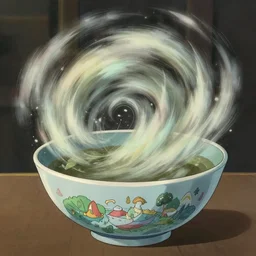 a world coming out from inside a bowl as a whirlwind, style studio ghibli and wlop