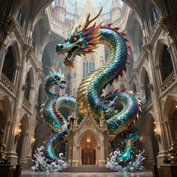 enormous colorful Ouroboros water dragon floating around inside an ancient mage castle hall colossal scale, gothic and baroque, brutalist architecture, ultradetailed, intricate details by Ellen Jewett and Ayami Kojima