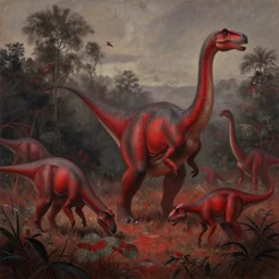 a beautiful painting of a lush landscape with dinosaurs grazing by ruan jia, red and black colour scheme, muted colours, fine details, 8 k, digital artwork, photo, movie still, photorealistic.