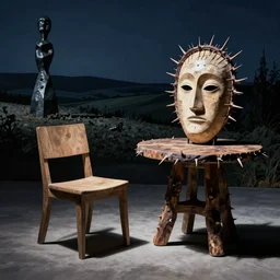 obsidian chair and table with primitive mask, thorn. landscape at night in the background. karl blossfeldt, brancusi, beksinski