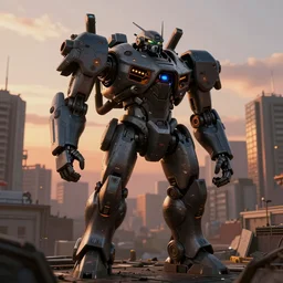 urban mech warfare in the city at sunset, photorealistic, extremely detailed, digital illustration, 90's sci-fi art, mecha, gritty, dark, realism, 4k, ultra hd, cinematic lighting, rendered in Octane, rendered in Unreal engine