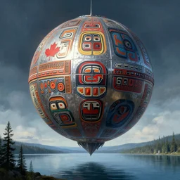 a giant ((((metallic)))) floating sphere covered in canadian colorful aboriginal patterns!! hovering above a Yukon lake, (painted by Ralph McQuarrie), matte painting, very detailed, (((((((((((((((dramatic perspective))))))))))))))), concept art