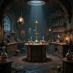 inside a mysterious alchemist\'s laboratory, physically based octane render, trending on artstation
