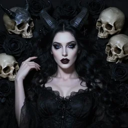 beautifully dressed dark sorceress surrounded by black roses horns and skulls, cushart krenz, very detailed, realistic face, detailed face, matte, tonemapping, bbwchan, perfection, 4 k, cushart krenz
