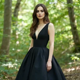 photo portrait of a beautiful woman wearing a black gown in a bright forest, by Vanessa Beecroft