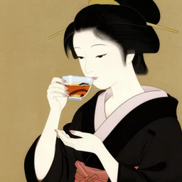 Beautiful Japanese woman drinking tea with a snake by Toshio Saeki ultra high detailed