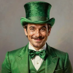 hyper realistic portrait painting, beautifully rendered, zach galifianakis as dapper fancy luigi wearing a green top hat, green suit and bowtie, smirking deviously, painted by greg rutkowski, wlop, artgerm, dishonored 2
