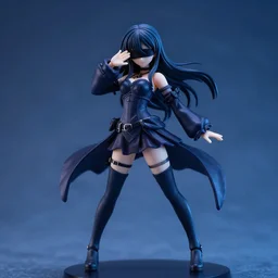 still figurine of goth girl in alternative clothes, hair covering eyes, personification, dynamic pose, detailed product photo, featured on amiami, deep blues, tone mapped, beautiful composition, 8 5 mm, f. 1 4, by akihida yoshida