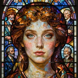 elisha cuthbert as a goddess, very intricate stained glass by alphonse mucha and taras shevchenko and aasimar and gaston bussiere, macro head shot, perfect eyes