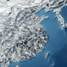 highly detailed map of a peninsula with a lot of mountains, 8 k, being lighting, hyperrealistic, grey mountains