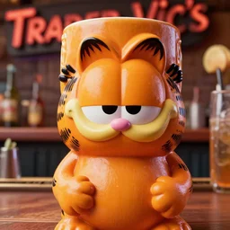 a closeup photorealistic photograph of an orange garfield cat style tiki mug at a trader vic's bar with garfield's face on the front. tiki party. bright scene. fine detail. this 4 k hd image is trending on artstation, featured on behance, well - rendered, extra crisp, features intricate detail, epic composition and the style of unreal engine.