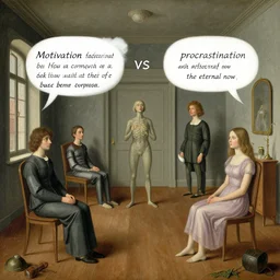 motivation vs procrastination in the eternal now. a surrealist interior mental landscape by hieronymus bosch, cyril rolando, esher and natalie shau, whimsical, profound, impossible. trending on devaintart.