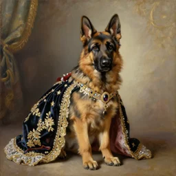 the royal king's royal german shepherd by greg hildebrant fancy rococo baroque regal puppy oil painting high quality award winning clothed in fancy garb