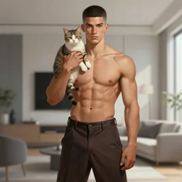 full body portrait of a single beautiful young fit man, modern haircut, open shirt, large pants, holding a small cat on a shoulder. by greg rutkowski and alphonse mucha, d & d character, in front of a modern room background, highly detailed portrait, digital painting, artstation, concept art, smooth, sharp focus illustration, hq