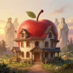 Apple House, lit by the light of gods, sunrise, hyper detailed, artstation, cgsociety by greg rutkowski and by Gustave Dore