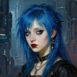 close up portrait of a punk goth girl with blu hair in a cyberpunk futuristic city, oil painting by canaletto hieronymus bosh leonardo da vinci piero della francesca