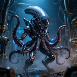 2 8 mm closeup portrait of a wet black metallic chrome mass effect robotic cthulhu lovecraft octopus xenomorph alien in a science fiction steampunk tesla coil engine room, pipes, wires, dramatic lighting, octane, blue lights, lens flare, industrial, dirty, trending on artstation, golden ratio, mist, action, volumetric lighting