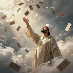 man in robes throwing mamluk cards into the air, cards in the breeze, swarm of cards, cloud of cards, fantasy art by greg rutkowski, soft lighting, volumetric lighting
