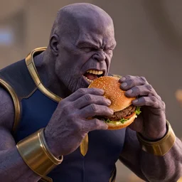 film still of thanos eating a burger burger in mouth consuming burger eating a burger burger in hand to mouth in avengers infinity war, 8 k