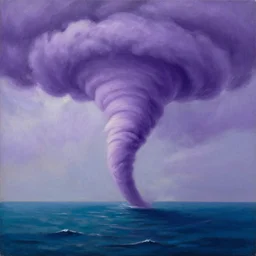 a detailed oil painting of a purple tornado descending from the clouds in the ocean. the color of the tornado is purple, and its really realistic