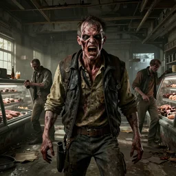 fallout 5, butcher angry horror zombie, portrait, indoors dilapidated butchery interior, atmospheric lighting, intricate, volumetric lighting, grimdark, daytime, sharp focus, deep colours, ultra intricate detailed, octane render, unreal engine, by leesha hannigan, ross tran, thierry doizon, kai carpenter, ignacio fernandez rios