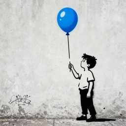a side profile of a black and white graffiti of boy holding a single graffitied blue balloon on a concrete background in the style of Banksy, graffiti, digital art