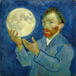 oil on canvas of man holding the moon, surprise, detailed, artwork by vincent van gogh