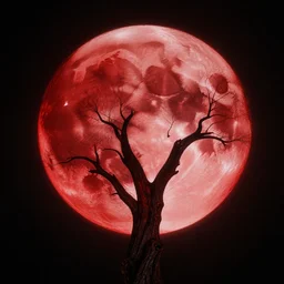 An intricate hyperrealistic matte painting the blood moon, by Dan Mumford and Mœbius and Amir Zand, unreal engine, circular, spherical, trending on artstation, tree, detailed, red