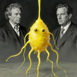 human amoeba by greg rutkowski and norman rockwell and gil elvgren, opaque yellow liquid, tendrils, ooze