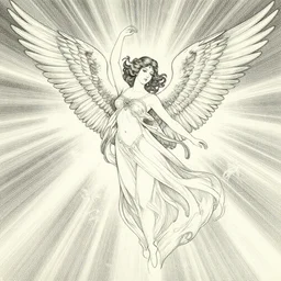 wings, goddess angel of tranquility. hyper detailed, character concept, full body, dynamic pose, intricate, lineart, cerpuscular rays, lily flower. by yoshitaka amano, alfons mucha, 8 k